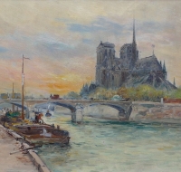 MADELAIN Gustave tableau impressionniste XXè siècle péniches Paris huile signée au dos