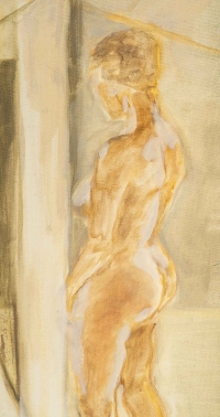 Femme Nue se Regardant dans un Miroir, peinture sur isorel, XXème siècle.