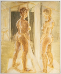 Femme Nue se Regardant dans un Miroir, peinture sur isorel, XXème siècle.