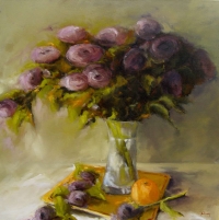 Tableau à l&#039;huile intitulé &quot;Bouquet à l&#039;orange&quot; du peintre Isabelle Delannoy