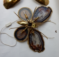 1970′ Applique Papillon en Bronze ou Laiton, 4 Ampoules, Ailes d’Agate : 53 X H50 cm