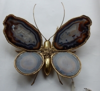 1970′ Applique Papillon en Bronze ou Laiton, 4 Ampoules, Ailes d’Agate : 53 X H50 cm