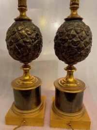 1950/70 Paire De Lampes à l’Ananas en Bronze Maison Charles Non Signées