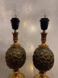 1950/70 Paire De Lampes à l’Ananas en Bronze Maison Charles Non Signées