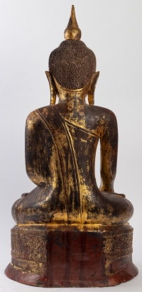 Bouddha en laque sèche, laqué, doré. Position de la prise de la terre à témoin.