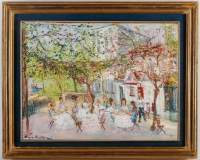 Serge Belloni  1925-2005 « Le peintre de Paris » - Montmartre Chez Plumeau  huile sur panneau vers 1980