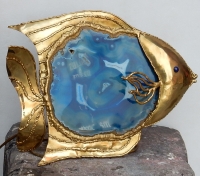 1970′ Lampe Poisson En Laiton Avec Agate Bleue Style Duval Brasseur Éclairante
