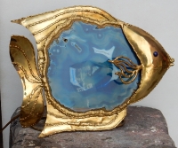 1970′ Lampe Poisson En Laiton Avec Agate Bleue Style Duval Brasseur Éclairante