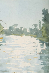 Peinture sur Papier, Bord de Lac avec des Bateaux, Luez, 1990