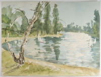 Peinture sur Papier, Bord de Lac avec des Bateaux, Luez, 1990