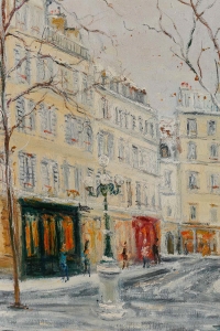 Serge Belloni  (1925-2005) « Le peintre de Paris » - La Place Furstemberg sous la neige  huile sur bois vers 1990