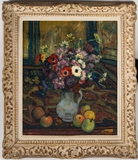 Emile Colinus 1884-1966. Bouquet d&#039;anémones et de fruits.