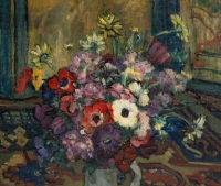 Emile Colinus 1884-1966. Bouquet d&#039;anémones et de fruits.