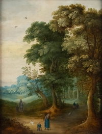Personnages dans un sous-bois école flamande peinture XVIIème siècle