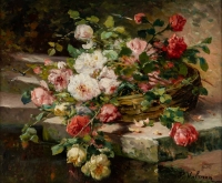 P. Valmon (1850 - 1911) : Jetée de roses sur un entablement.
