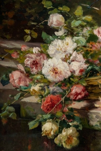 P. Valmon (1850 - 1911) : Jetée de roses sur un entablement.