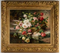 P. Valmon (1850 - 1911) : Roses on an entablature.