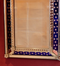 1940/50 &#039; Miroir N3 Venise Rectangulaire à Fronton Avec Cadre en Verre Bleu Orné D Etoiles Argentées  Centre Biseauté