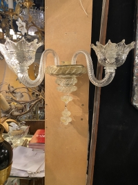 1950/70′ Paire d’Appliques à 2 Bras de Lumière en Cristal de Murano Avec Paillons d’Or