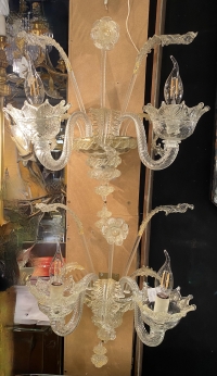 1950/70′ Paire d’Appliques à 2 Bras de Lumière en Cristal de Murano Avec Paillons d’Or