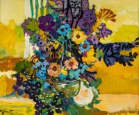 Peinture &quot;Nature morte au vase de fleurs et raisins&quot; de Pierre Grisot (1911-1995)