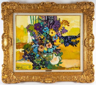 Peinture &quot;Nature morte au vase de fleurs et raisins&quot; de Pierre Grisot (1911-1995)||||||||