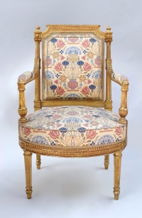 Paire de fauteuils à la reine à colonnes détachées en bois doré, style Louis XVI, circa 1880