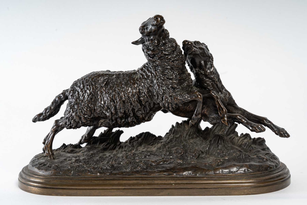 &quot;Chien attaquant un mouton&quot;, bronze signée Isidore Bonheur, XIXème siècle||||||||
