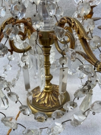 1950′ Paire De Lampes Girandoles Bronze 4 Bras Pampilles Et Poignards Baccarat