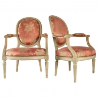 Paire of pretty cameo backed armchairs in the style of Louis XVI.  Late 19th Century or early 20th. Pink silk damask.