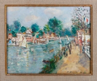 Serge Belloni « Le peintre de Paris » - 14 juillet en bord de Marne huile sur panneau vers 1954