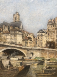 LEPINE Stanislas Paris, Le pont Louis Philippe en 1878 Huile sur toile signée catalogue raisonné N°54
