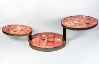 Table basse en fer et céramique, 3 plateaux pivotants
