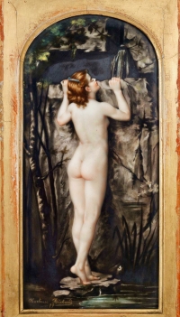 Hortense Richard (1858-1940) “La Source” , Plaque Symboliste en Porcelaine 1879