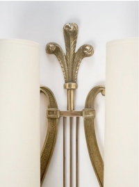 1950s Pair of Maison Charles Neoclassical &quot;Lyre&quot; Bronze Sconces