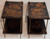 1950&#039; Paire de Tables Maison Baguès Decor Bambou en Bronze Doré Avec Plateaux Laque de Chine