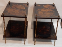 1950&#039; Paire de Tables Maison Baguès Decor Bambou en Bronze Doré Avec Plateaux Laque de Chine