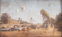 Vue du Louvre et du Pont Royal depuis la rive gauche, huile sur panneau de E. H. Vanhnschout, fin XIXème