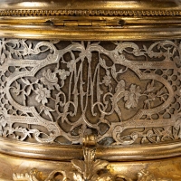 Boîte à bijoux ronde en laiton doré et argenté, dessus en cristal, XIXème siècle