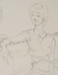 Dessin sur papier représentant une jeune femme sur un banc en conversation, XXème siècle.