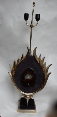 1970′ Lampe Décor Lotus, Bronze Argenté, Galuchat, Agate, Duval Brasseur Non Signée