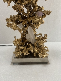 1970′ Lampe Décor Corail en Bronze Doré et Amethyste Et Cristal De Roche Signée Boeltz
