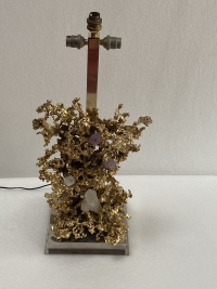 1970′ Lampe Décor Corail en Bronze Doré et Amethyste Et Cristal De Roche Signée Boeltz