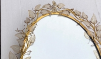 1970′ Miroir Eclairant Ou Applique à Décor de Fleurs Style Maison Baguès Feuilles en Verre 6 Ampoules