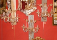 1950/70&#039; Suite de 3 Appliques à 3 Bras de Lumière en Cristal de Murano Avec Paillons d&#039;Or
