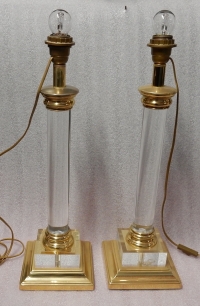 1970′ Paire De Lampes En Altuglass Et Laiton Doré