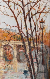 Serge Belloni « Le peintre de Paris » - Paris bords de Seine en Automne huile sur panneau vers 1970