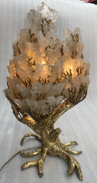 1970′Lampe Corail Éclairante En Bronze Avec Gypse Imitant le Cristal De Roche Style Duval Brasseur, Faure, Fernandez