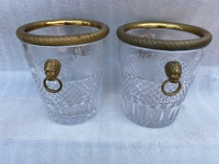 1950-70′ Paire De Seaux à Champagne Cristal St Louis Gravé Aux Attributs de la Vigne et Bronze Doré Aux têtes de Lion