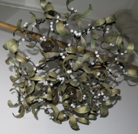Lustre Boule de Gui Art Nouveau à 4 Ampoules en Bronze et Perles Opaline